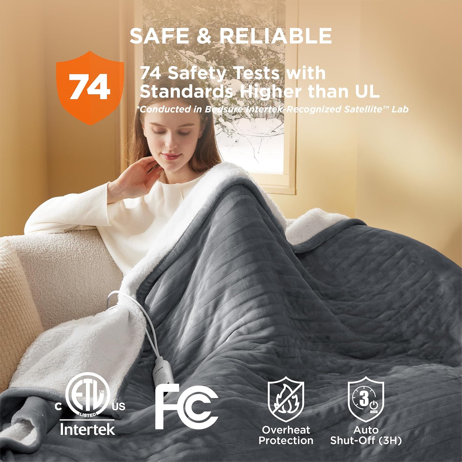 Bedsure Heated Throw Blanket - 6 Heating Levels 4 Time Settings Grey