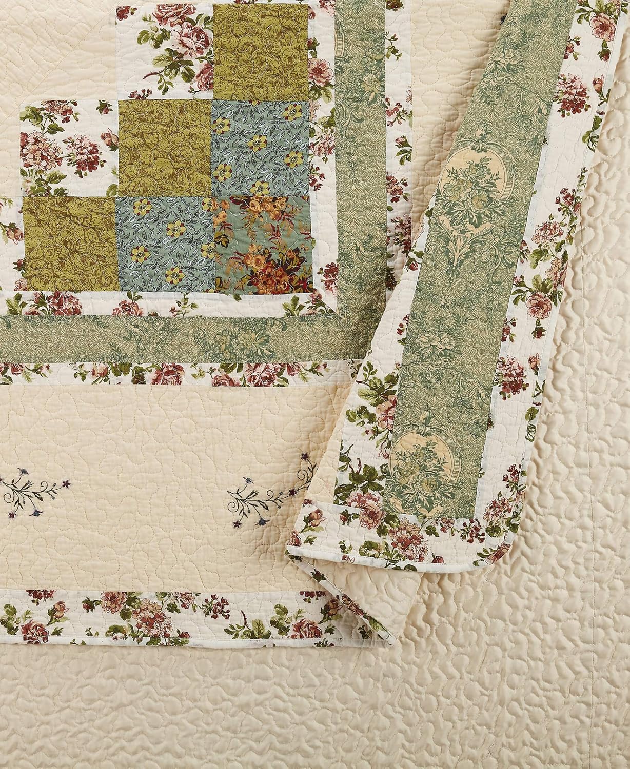 Olivia Embroidered Quilted Bedspread - King GreenCream
